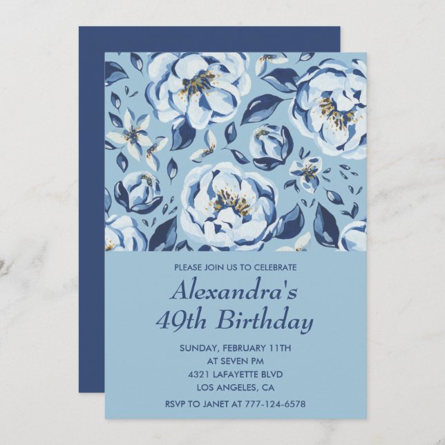 Elegant 49th birthday invitations Floral Blue (Front/Back)