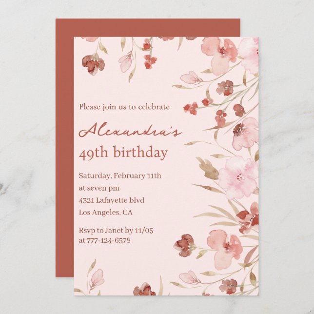 Elegant 49th birthday invitations Floral Chic (Front/Back)