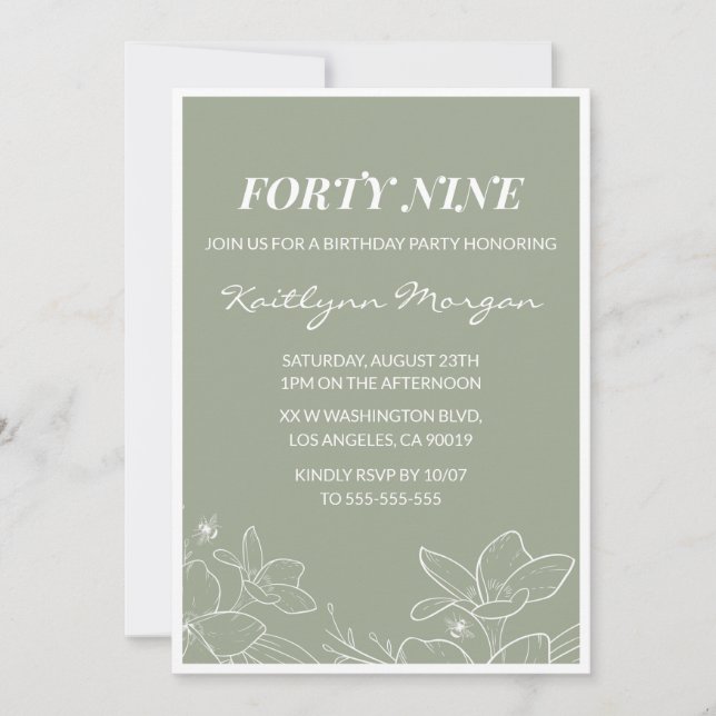Elegant 49th birthday invitations Floral Green (Front)