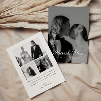 Elegant 4-Photo Black & White Script Wedding Thank You Card