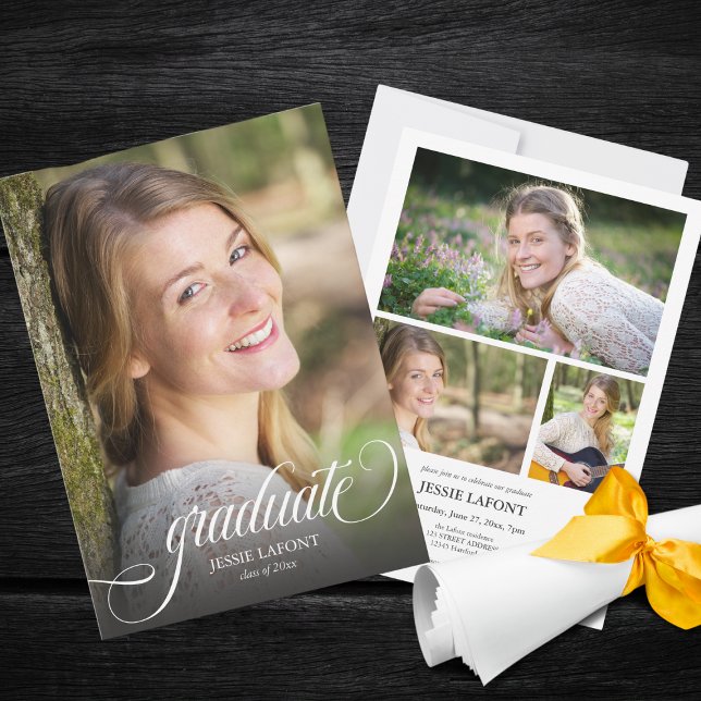 Elegant 4 Photo Calligraphy Script Graduation Invitation (Elegant 4 custom photo script callligraphy college graduation invitation )