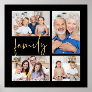 Elegant 4 Photo Collage Family Gold Black Poster