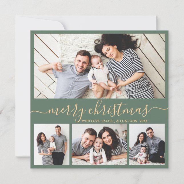 Elegant 4 Photo Collage Green and Gold Christmas Holiday Card (Front)