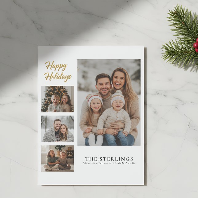Elegant 4 Photo Collage Modern Minimal Gold Script Holiday Card (Creator Uploaded)