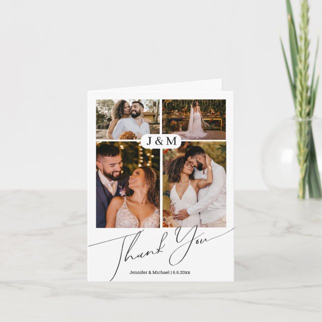 elegant 4 photos collage monogram wedding thank you card (Front)