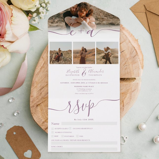 Elegant 4 Photos mauve white modern script wedding All In One Invitation (Creator Uploaded)
