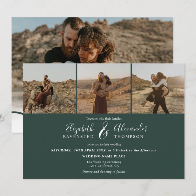 Elegant 4 Photos modern script wedding green Invitation (Front/Back)