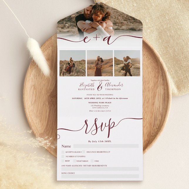 Elegant 4 Photos red white modern script wedding All In One Invitation (Creator Uploaded)