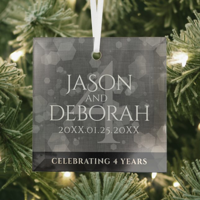 Elegant 4th Linen Wedding Anniversary Celebration Glass Ornament (Insitu)