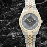 Elegant 4th Linen Wedding Anniversary Celebration Watch<br><div class="desc">Celebrate the 4th linen wedding anniversary and a love that stands the test of time with this stylish watch! Elegant white lettering with hexagonal confetti on a grey linen background add a memorable touch for this special occasion and milestone. Personalize with the couple's names and dates of marriage. Design ©...</div>