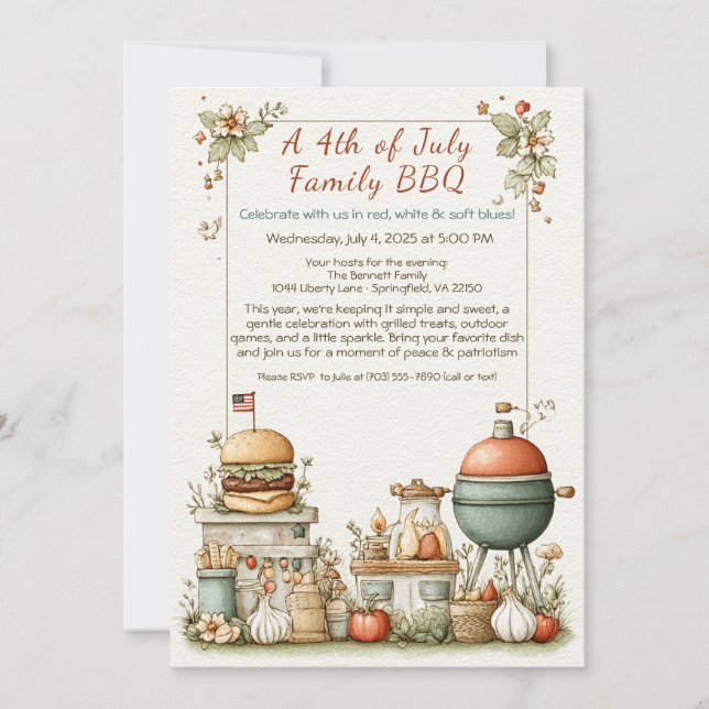 Elegant 4th of July BBQ Invitation – Soft Line Art (Front)