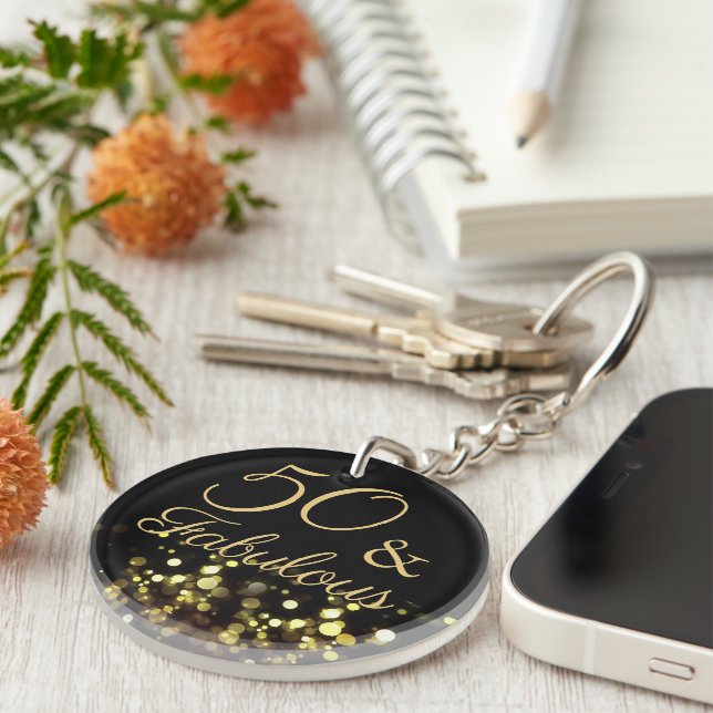 Elegant 50 and Fabulous Black and Gold Glitter Keychain (Front Right)