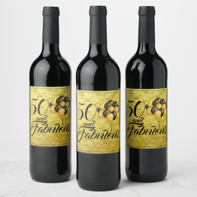 Elegant 50 and Fabulous Gold Foil Black Typography Wine Label (Bottles)