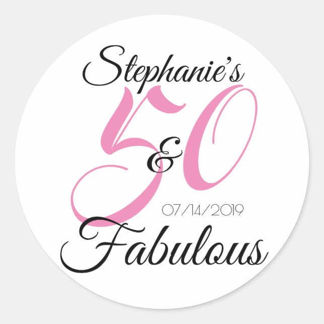 Elegant 50 and Fabulous Personalized Birthday Classic Round Sticker (Front)