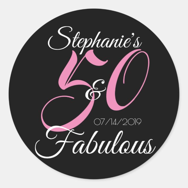 Elegant 50 and Fabulous Personalized Birthday Classic Round Sticker (Front)