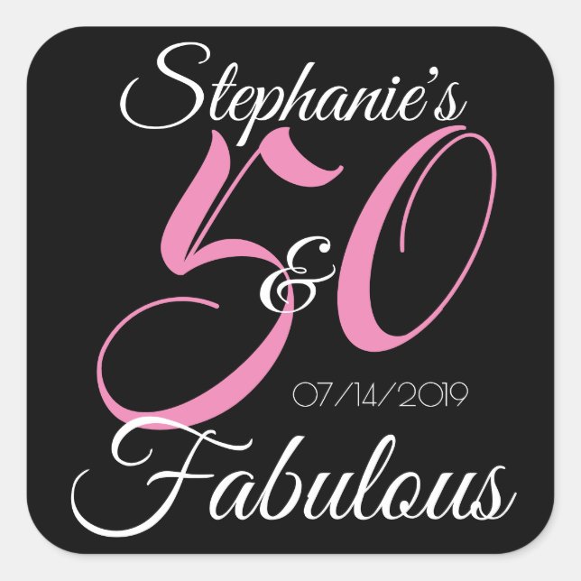 Elegant 50 and Fabulous Personalized Birthday Square Sticker (Front)