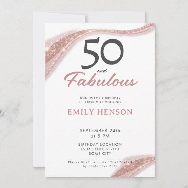 Elegant 50 and Fabulous Rose Gold Birthday Invitation (Front)