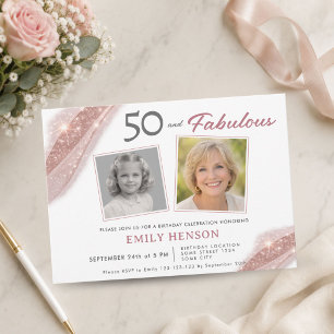 Elegant 50 and Fabulous Rose Gold Photo Birthday Invitation