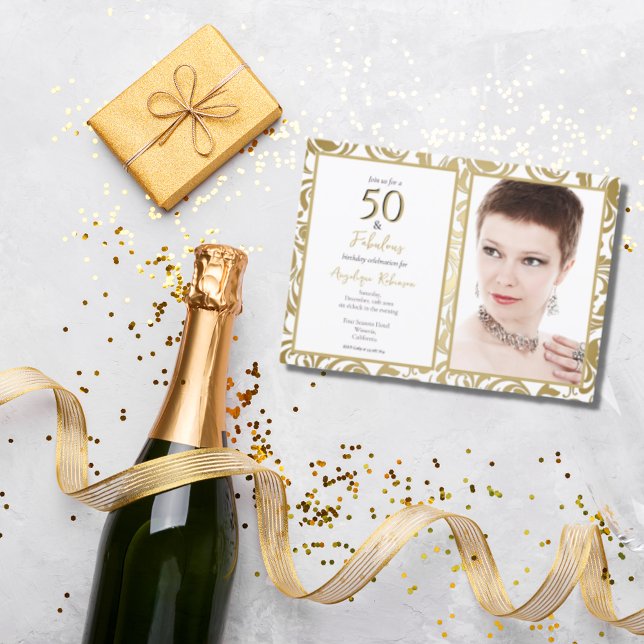 Elegant 50 & Fabulous Decorative Gold Leaves Party Invitation (Creator Uploaded)