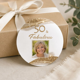 Elegant 50 & Fabulous Gold Photo Birthday Classic Round Sticker