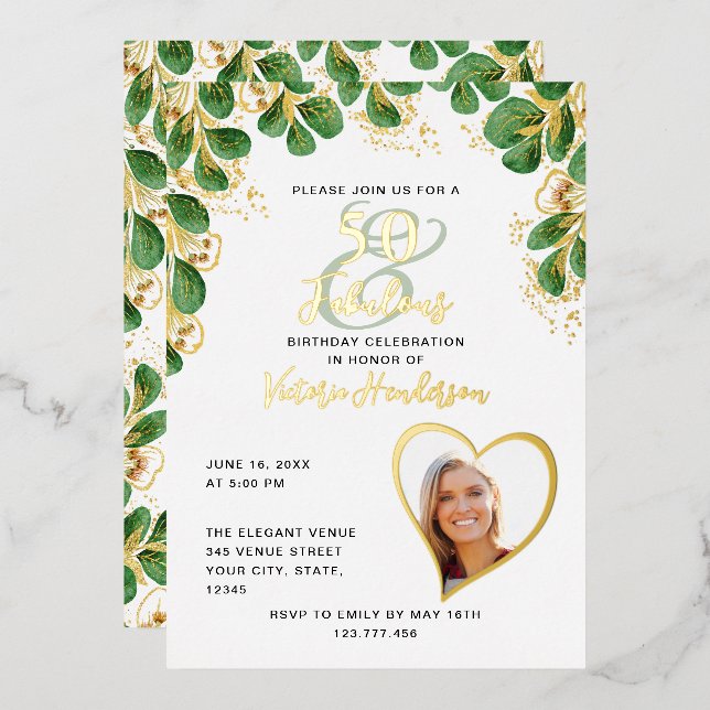 Elegant 50 & Fabulous Photo Greenery Birthday (Front/Back)