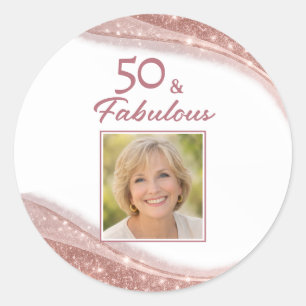 Elegant 50 & Fabulous Rose Gold Photo Birthday  Classic Round Sticker