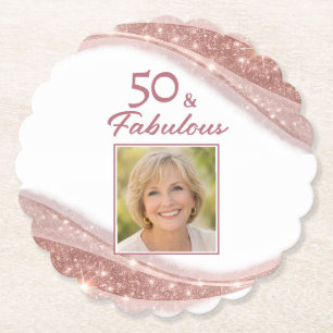 Elegant 50 & Fabulous Rose Gold Photo Birthday  Paper Coaster