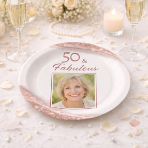 Elegant 50 & Fabulous Rose Gold Photo Birthday  Paper Plate