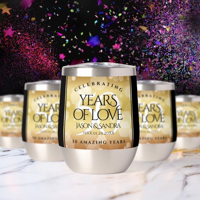 Élégant 50e anniversaire de Mariage d'or (Elegant 50th Golden Wedding Anniversary Stainless Steel Stemless Wine Tumblers Cover Photo.)