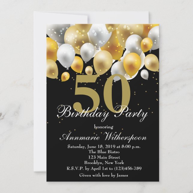 Élégant 50e anniversaire Invitation Gold Ballons (Devant)