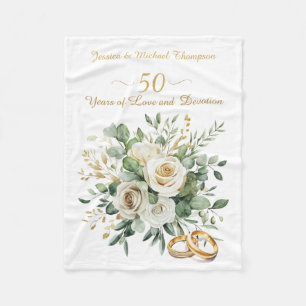 Elegant 50th Anniversary White Roses Gold Rings Fleece Blanket