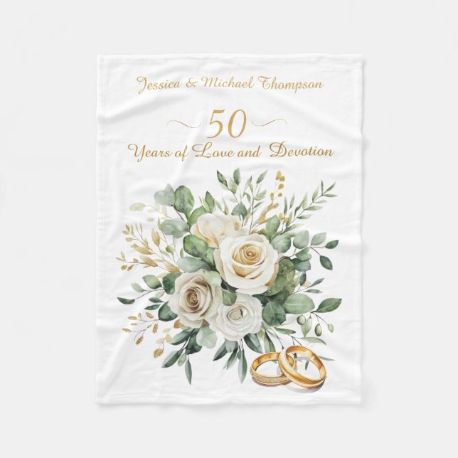 Elegant 50th Anniversary White Roses Gold Rings Fleece Blanket (Front)