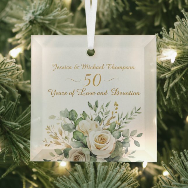 Elegant 50th Anniversary White Roses Gold Rings Glass Ornament (Insitu)