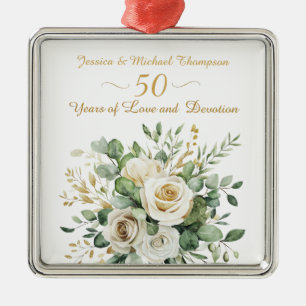 Elegant 50th Anniversary White Roses Gold Rings Metal Ornament