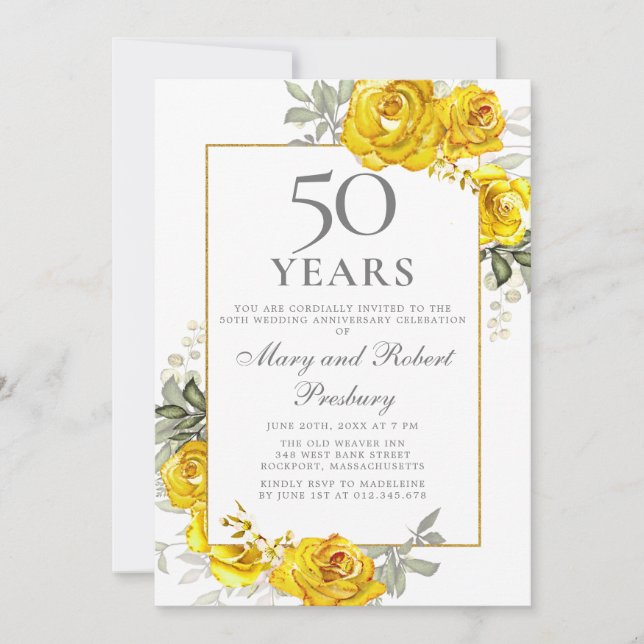 Elegant 50th Anniversary Yellow Rose Floral Invitation (Front)