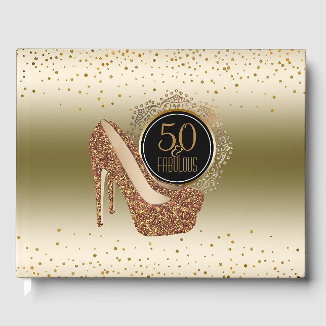 Elegant 50th Birthday | 50 & Fabulous Black Gold Guest Book (Front)