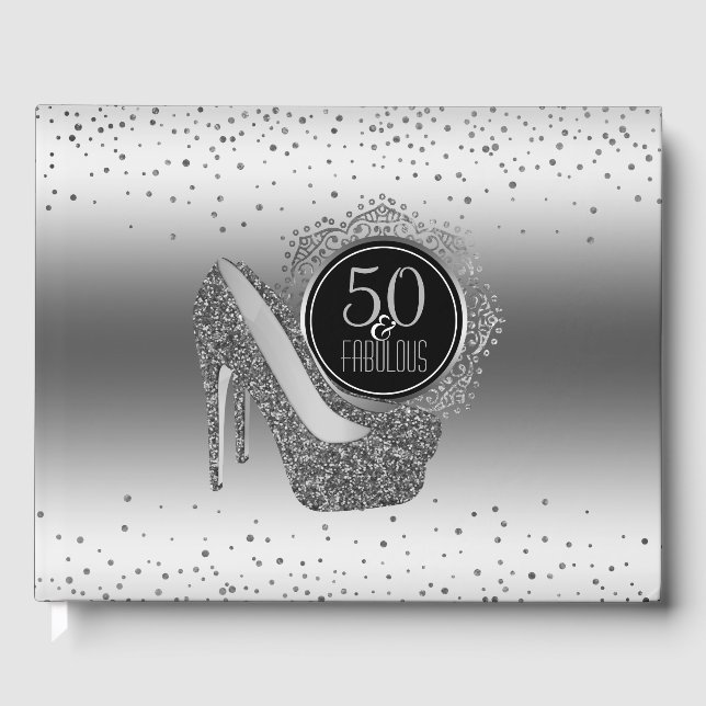 Elegant 50th Birthday 50 & Fabulous Black Silver Guest Book (Front)