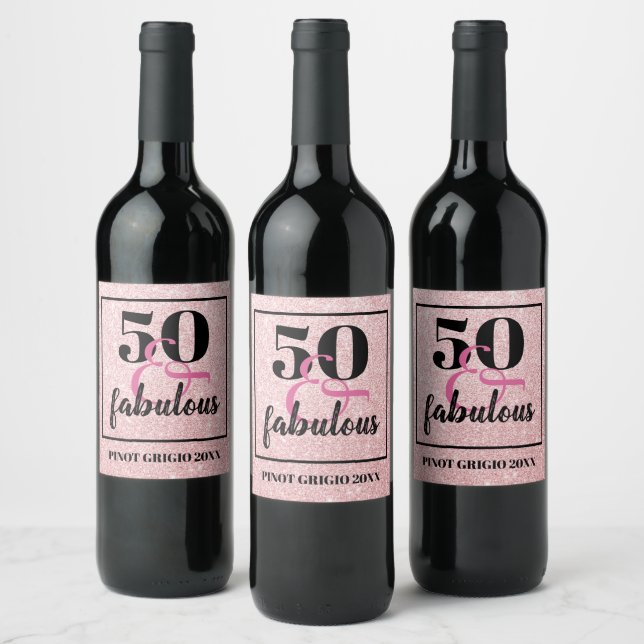 Elegant 50th Birthday 50 & Fabulous Pink Glitter Wine Label (Bottles)