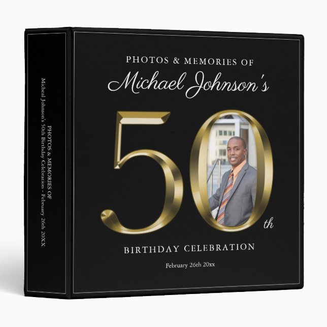 Elegant 50th Birthday Black Gold Text Custom Photo Binder (Front/Spine)