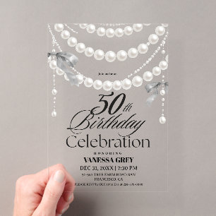 Elegant 50th Birthday Black White Pearls Acrylic Invitations