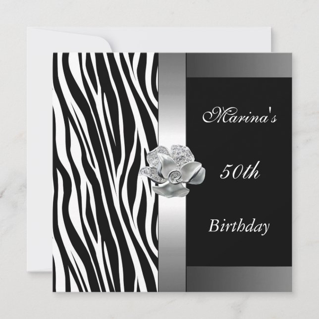 Elegant 50th Birthday Black White Silver Zebra Invitation (Front)