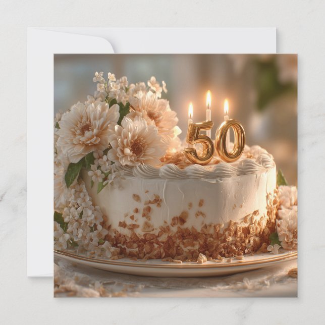 Elegant 50th Birthday Cake with Golden Topper (Front)