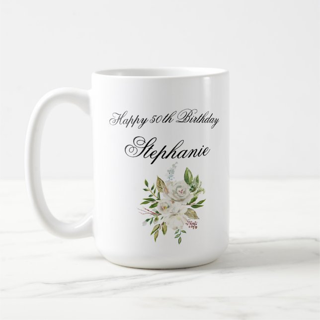 Elegant 50th Birthday Floral Coffee Mug (Left)