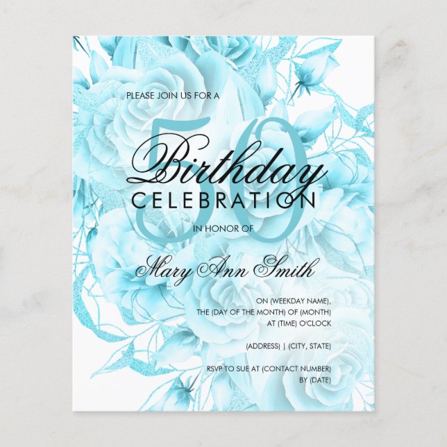 Elegant 50th Birthday Floral Teal White Invite   Flyer (Front)