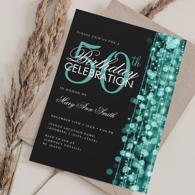 Elegant 50th Birthday Glam Sparkle Turquoise  Invitation (Elegant 50th Birthday Glam Sparkle Turquoise Invitation)