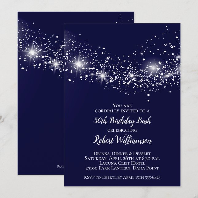 Elegant 50th Birthday Glitter Sky Navy Blue Invite (Front/Back)