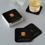 Elegant 50th birthday gold black 50 years name square paper coaster<br><div class="desc">50 years old birthday party luxury elegant black leather looking (PRINTED,  NOT REAL LEATHER) custom paper coaster featuring a gold faux metallic square and personalized any age milestone,  text,  and name signature.           Suitable as a party supply,  thank you favour,  or as a save the date.</div>