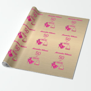 Elegant 50th Birthday Gold Pink High Heels Name  Wrapping Paper