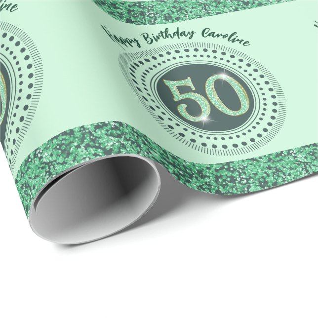 Elegant 50th Birthday Green Glitter with Stripes Wrapping Paper (Roll Corner)