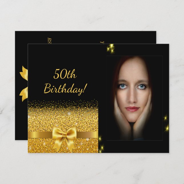 Elegant 50th birthday invitation black gold photo (Front/Back)